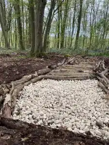 The stone base of a new path being built in the woods
