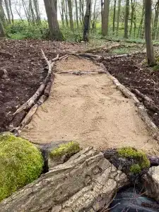 The sand base of a new path being built in the woods