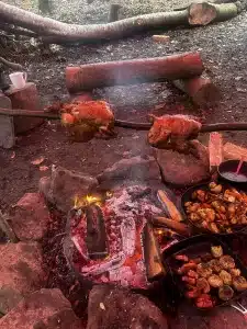 Two chickens spit-roasted over an open fire in the woods