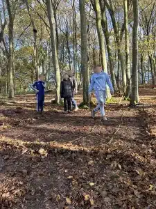 Four boys in the woods engaging in a task