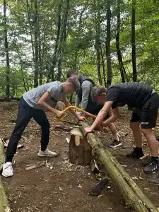 Two boys holding a thin fallen tree in place whilst a third boy saws it