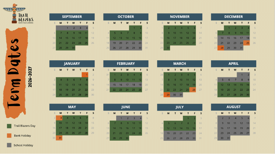 Trail Blazers term dates graphic showing the months of the year and the dates they have activities running in 2026 and 2027