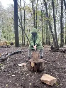 A boy splitting a log in two with an axe in the woods
